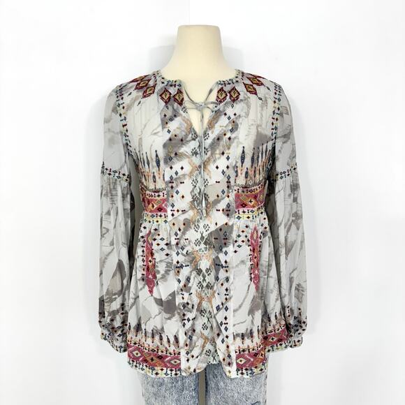 Johnny Was Deliza Silk Embroidered Long Sleeve Tunic Top Blouse Gray Boho XS - Picture 2 of 13